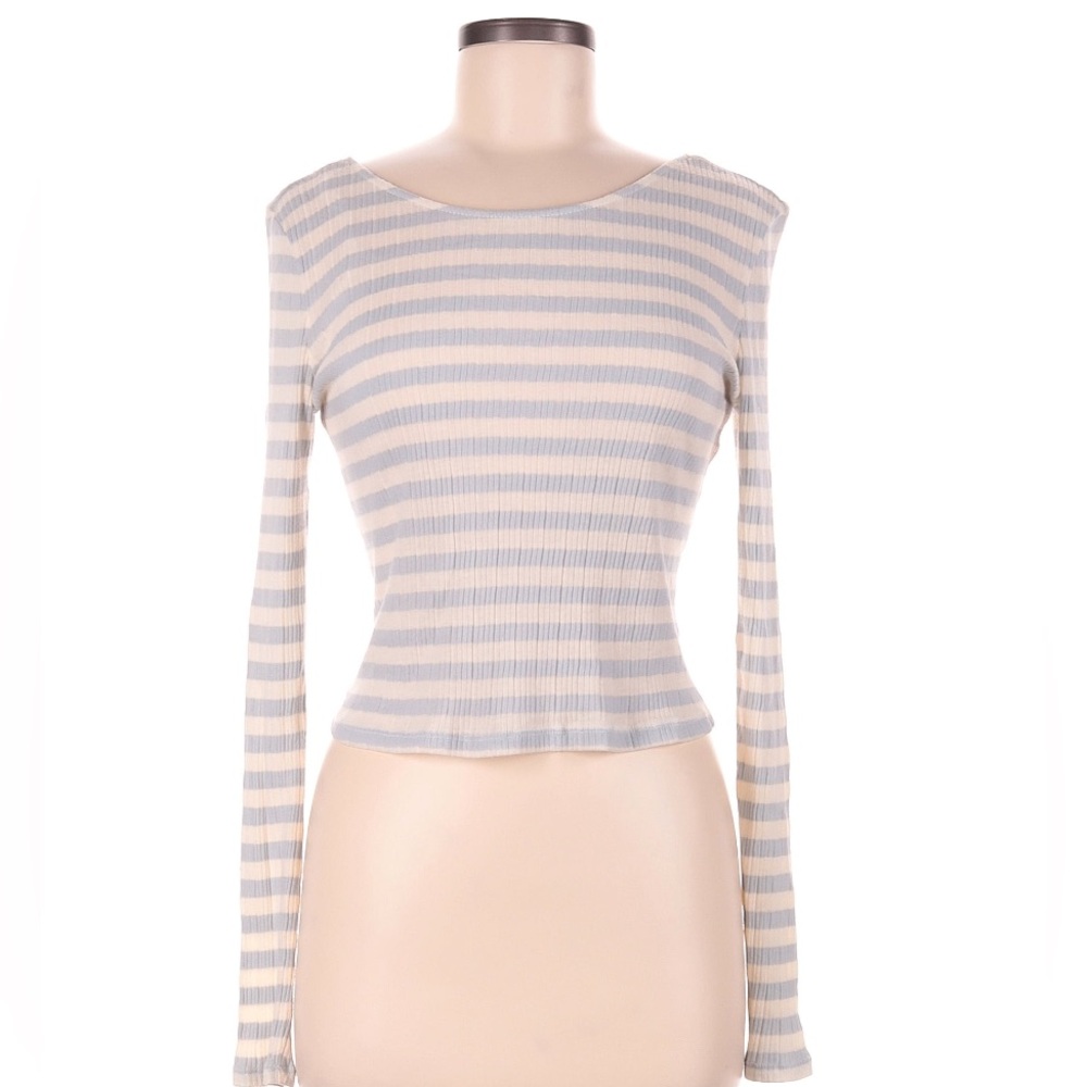 Aqua brand long sleeve shirt, cream/blue stripes, size M